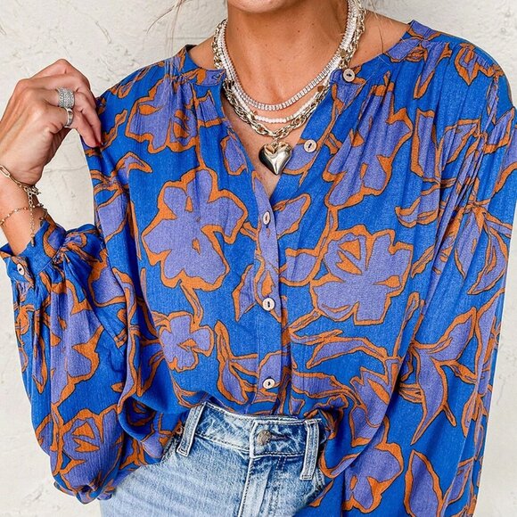 Multicolor Casual Women's Floral Print Batwing Sleeve Buttoned Loose Fit Shirt - Picture 4 of 10